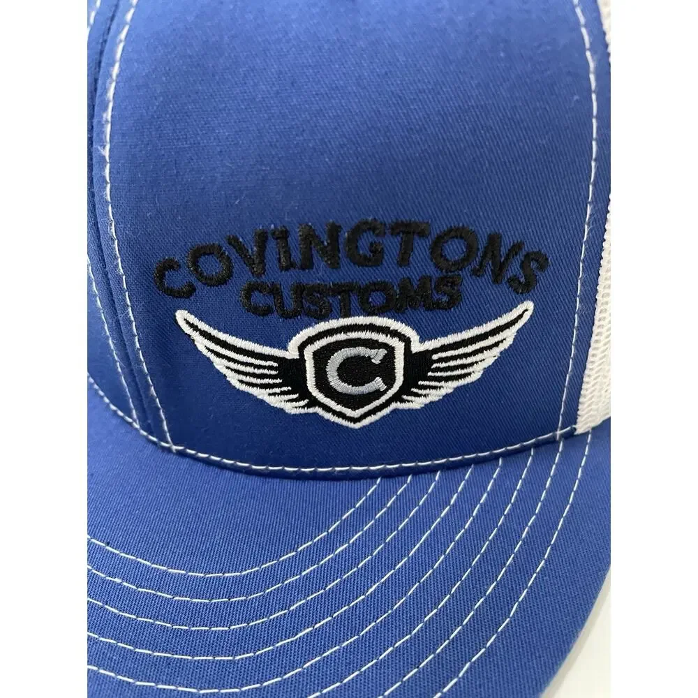 Covingtons Customs Trucker Hat Blue White Mesh Snapback Custom Motorcycle Cap
